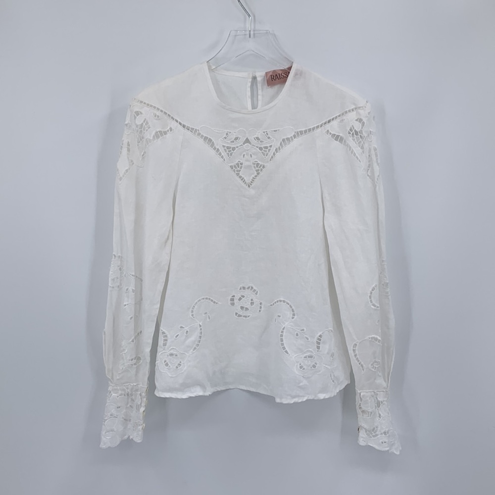 Raissa lace blouse top shirt linen cream cut-out long sleeve Victorian ivory XS